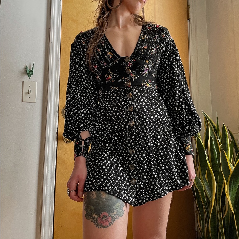 Free People Cottage Prairie Style Floral Mini Dress w/ Bishop Sleeves